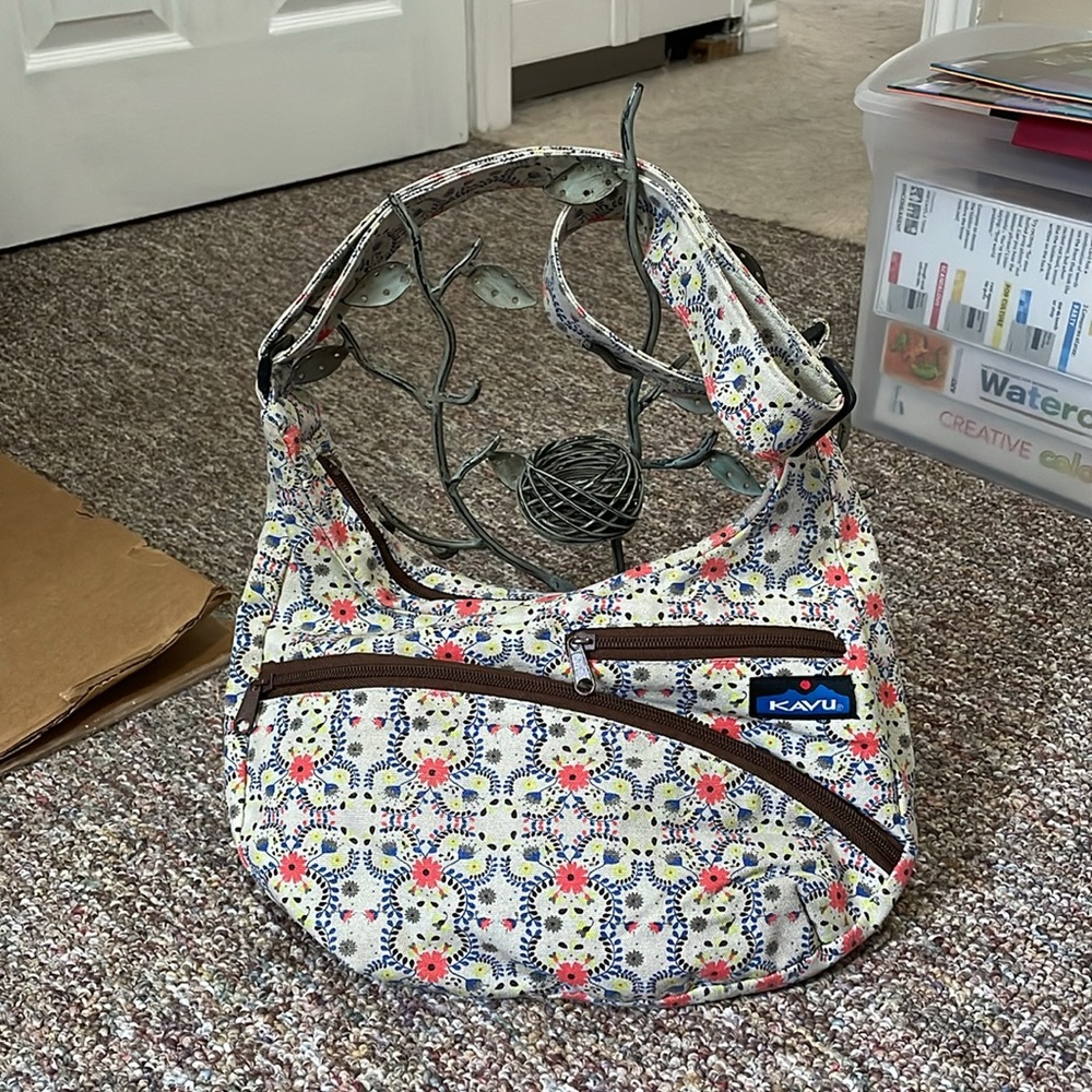 Kavu Floral Crossbody Bag in White, Pink, Blue, Brown